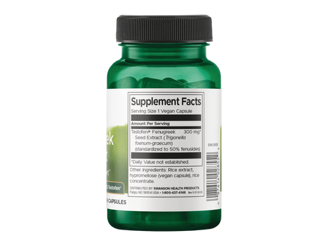 Swanson Fenugreek Extract with Testofen® 300 mg – 60 Capsules Supplement Facts panel and product barcode on bottle label