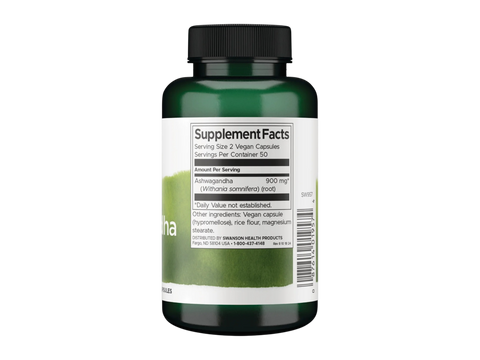 Swanson Full Spectrum Ashwagandha 450 mg Vegan Capsules – 100 Count Supplement Facts panel and product barcode on bottle label
