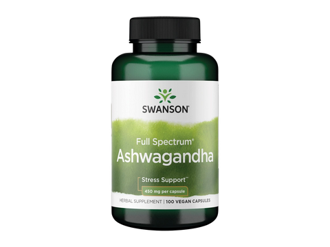 Swanson Full Spectrum Ashwagandha 450 mg Vegan Capsules – 100 Count herbal dietary supplement bottle front label
