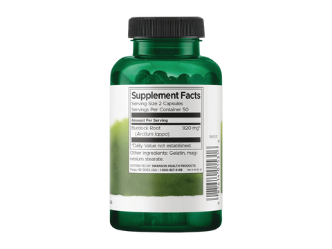 Swanson Full Spectrum Burdock Root 460 mg Capsules – 100 Count Supplement Facts panel and product barcode on bottle label