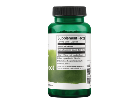 Swanson Full Spectrum Butea Superba Root 400 mg Capsules – 60 Count Supplement Facts panel and product barcode on bottle label