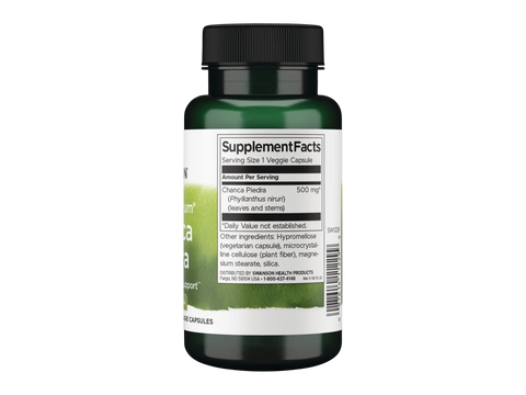 Swanson Full Spectrum Chanca Piedra 500 mg – 60 Veggie Capsules Supplement Facts panel and product barcode on bottle label