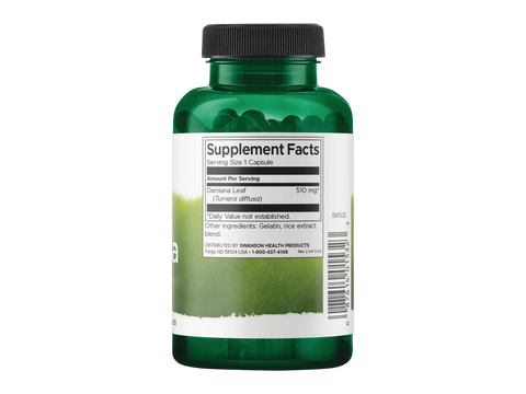 Swanson Full Spectrum Damiana 510 mg Capsules – 100 Count Supplement Facts panel and product barcode on bottle label