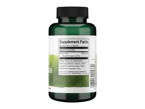 Swanson Full Spectrum Dong Quai 530 mg Capsules – 100 Count Supplement Facts panel and product barcode on bottle label