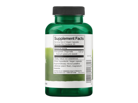 Swanson Full Spectrum Fenugreek Seed 610 mg Capsules – 90 Count Supplement Facts panel and product barcode on bottle label