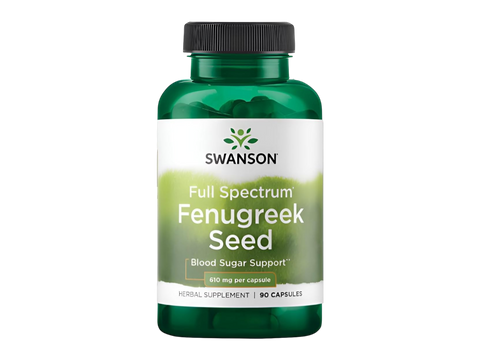 Swanson Full Spectrum Fenugreek Seed 610 mg Capsules – 90 Count herbal dietary supplement bottle front label