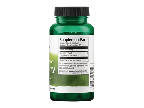 Swanson Full Spectrum Goji Berry 500 mg Capsules – 60 Count Supplement Facts panel and product barcode on bottle label