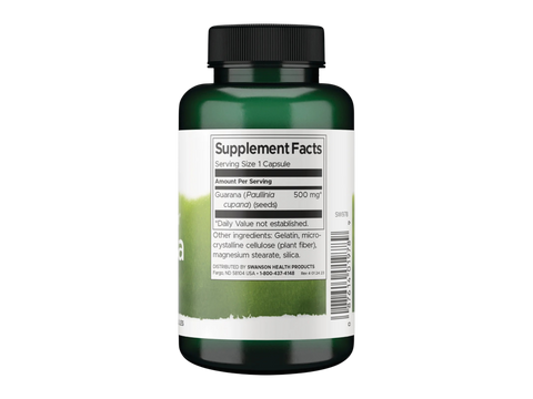 Swanson Full Spectrum Guarana 500 mg Capsules – 100 Count Supplement Facts panel and product barcode on bottle label