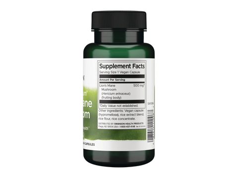 Swanson Full Spectrum Lions Mane Mushroom 500 mg Capsules – 60 Count Supplement Facts panel and product barcode on bottle label