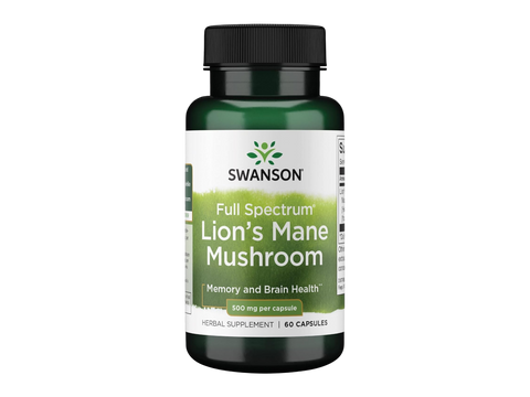 Swanson Full Spectrum Lions Mane Mushroom 500 mg Capsules – 60 Count mushroom dietary supplement bottle front label