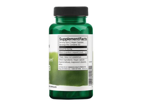 Swanson Full Spectrum Maca Root – 100 Vegan Capsules Supplement Facts panel and product barcode on bottle label