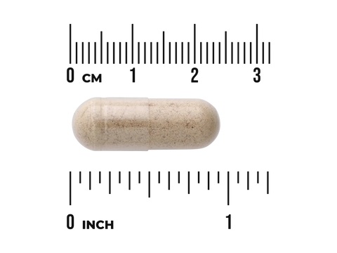 Beige capsule pill with a ruler for scale on a white background