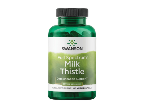 Swanson Full Spectrum Milk Thistle supplement bottle on a white background