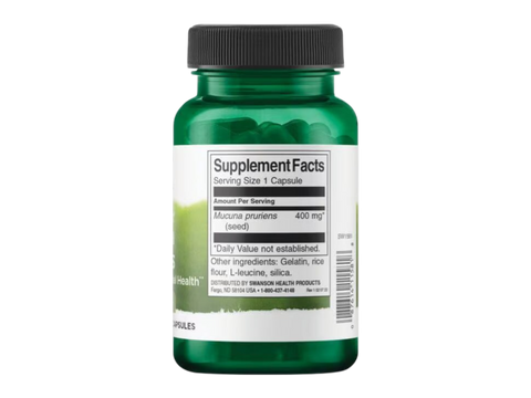 Swanson Full Spectrum Mucuna Pruriens 400 mg – 60 Capsules Supplement Facts panel and product barcode on bottle label