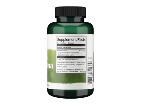 Swanson Full Spectrum Muira Puama 400 mg – 90 Capsules Supplement Facts panel and product barcode on bottle label