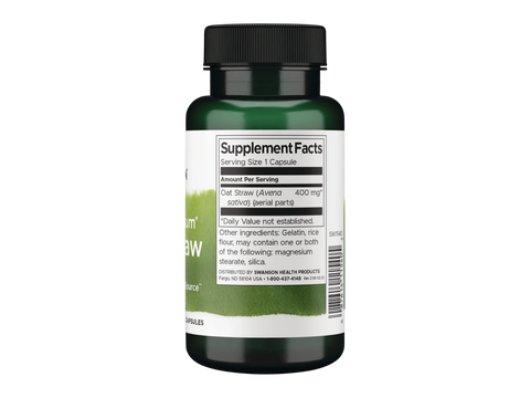 Swanson Full Spectrum Oat Straw 400 mg Capsules – 60 Count Supplement Facts panel and product barcode on bottle label