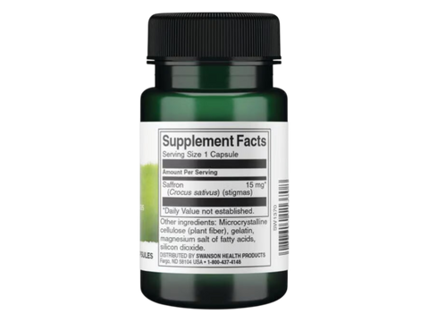 Swanson Full Spectrum Saffron Supplement, 15 mg – 60 Capsules Supplement Facts panel and product barcode on bottle label