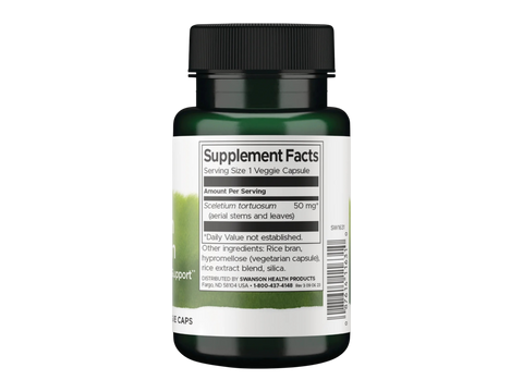 Swanson Full Spectrum Sceletium Tortuosum 50 mg Veggie Caps – 60 Count Supplement Facts panel and product barcode on bottle label