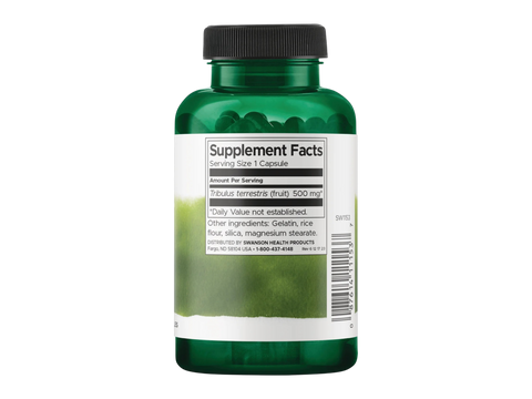 Swanson Full Spectrum Tribulus Fruit 500 mg Capsules – 90 Count Supplement Facts panel and product barcode on bottle label