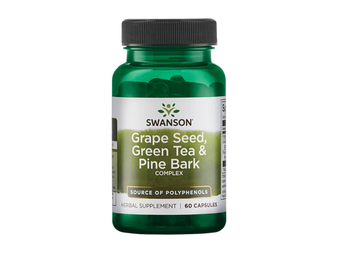 Swanson grape seed, green tea, and pine bark supplement bottle on a white background