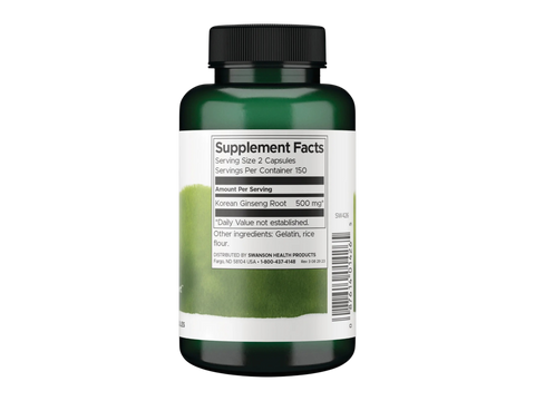 Swanson Korean Ginseng Supplement 250 mg – 300 Capsules Supplement Facts panel and product barcode on bottle label