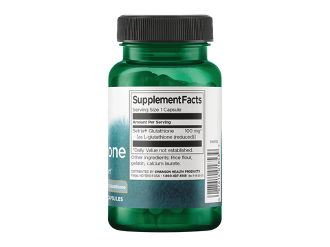 Swanson L-Glutathione 100 mg Featuring Setria® Glutathione – 100 Capsules Supplement Facts panel and product barcode on bottle label