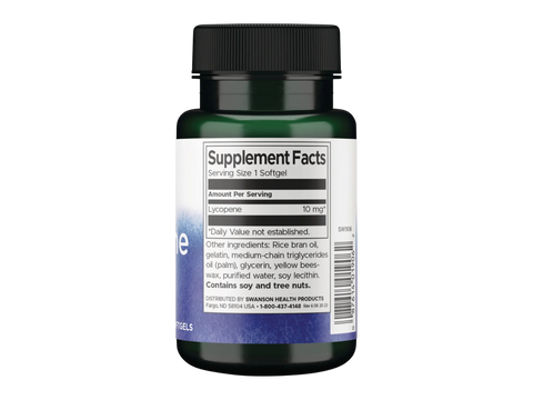 Swanson Lycopene 10 mg Antioxidant Softgels – 120 Count Supplement Facts panel and product barcode on bottle label