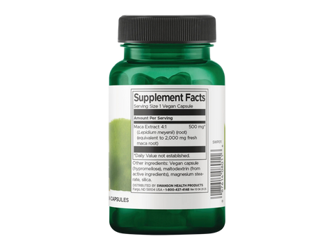 Swanson Maca Root Supplement – 500 mg, 4:1 Extract – 60 Capsules Supplement Facts panel and product barcode on bottle label