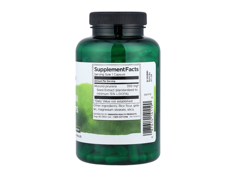 Swanson Mucuna Pruriens Extract 350 mg – 200 Capsules Supplement Facts panel and product barcode on bottle label