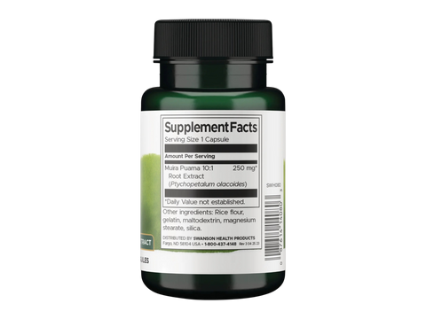Swanson Muira Puama 10:1 Root Extract 250 mg – 60 Capsules Supplement Facts panel and product barcode on bottle label