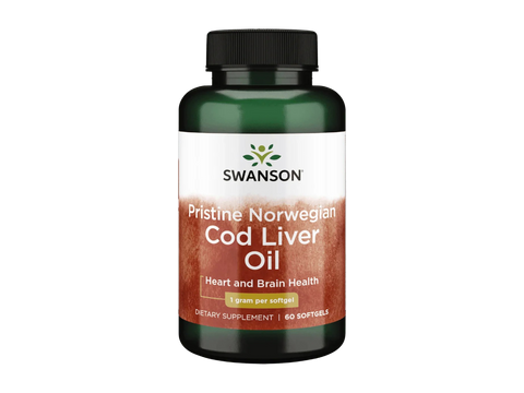Swanson Pristine Norwegian Cod Liver Oil supplement bottle on a white background