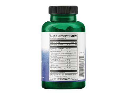 Swanson Prostate Essentials Vegan Capsules – 90 Count Supplement Facts panel and product barcode on bottle label