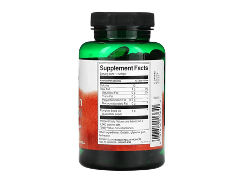 Swanson Pumpkin Seed Oil 1000 mg Softgels – 100 Count Supplement Facts panel and product barcode on bottle label