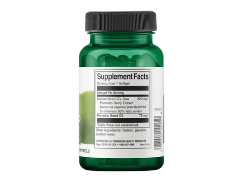 Swanson Saw Palmetto 320 mg & Pumpkin Seed Oil 75 mg – 60 Count Supplement Facts panel and product barcode on bottle label