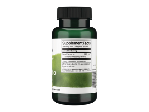 Swanson Saw Palmetto Capsules – Full Spectrum, 540 mg – 100 Count Supplement Facts panel and product barcode on bottle label