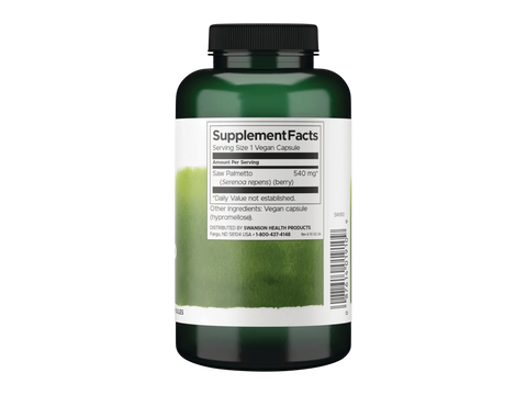 Swanson Saw Palmetto Capsules – Full Spectrum, 540 mg – 250 Count Supplement Facts panel and product barcode on bottle label