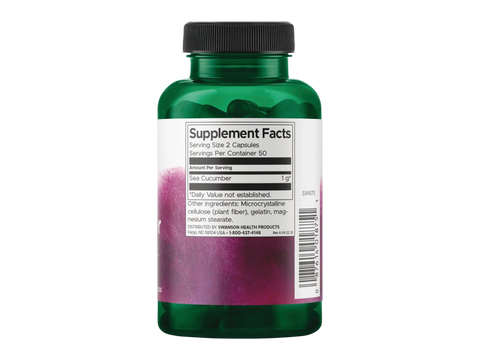 Swanson Sea Cucumber 500 mg Capsules – 100 Count Supplement Facts panel and product barcode on bottle label
