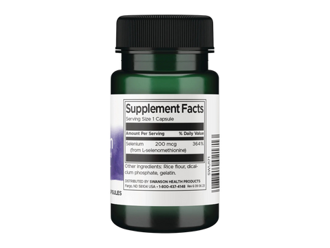 Swanson Selenium L-Selenomethionine 200 mcg – 120 Capsules Supplement Facts panel and product barcode on bottle label