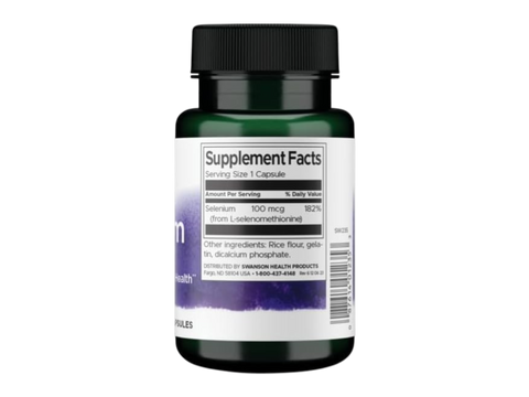 Swanson Selenium L-Selenomethionine Supplement, 100 mcg – 200 Capsules Supplement Facts panel and product barcode on bottle label