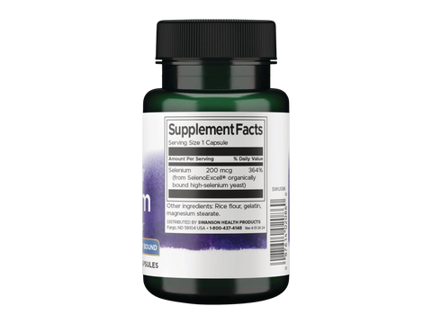 Swanson SelenoExcell Selenium 200 mcg – 60 Capsules Supplement Facts panel and product barcode on bottle label