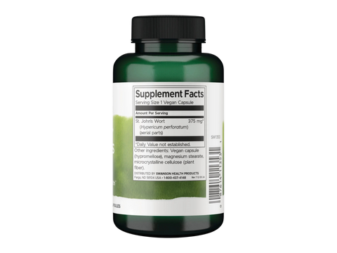 Swanson St. John's Wort Herb 375 mg – 120 Vegan Capsules Supplement Facts panel and product barcode on bottle label