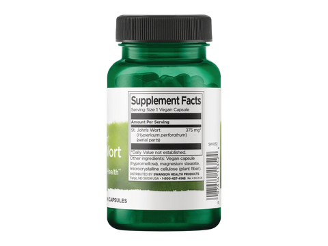 Swanson St. John's Wort Herb 375 mg – 60 Vegan Capsules Supplement Facts panel and product barcode on bottle label