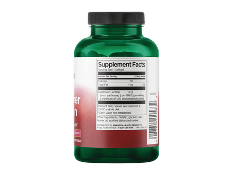 Swanson Sunflower Lecithin Softgels – 90 Count Supplement Facts panel and product barcode on bottle label