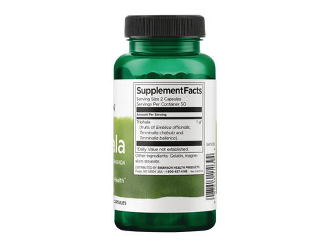 Swanson Triphala Formula – Amla, Behada, Harada – 100 Capsules Supplement Facts panel and product barcode on bottle label
