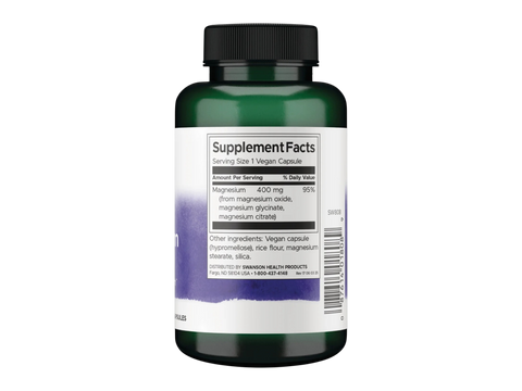 Swanson Triple Magnesium Complex – 400 mg per Capsule – 100 Count Supplement Facts panel and product barcode on bottle label