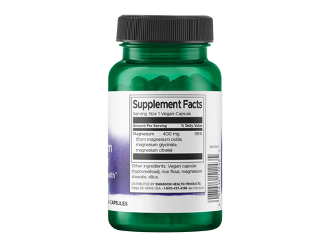 Swanson Triple Magnesium Complex – 400 mg per Capsule – 30 Count Supplement Facts panel and product barcode on bottle label