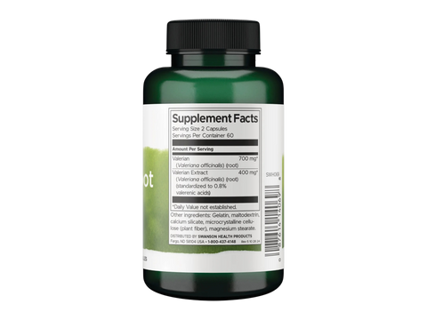 Swanson Valerian Root Extract Capsules – 120 Count Supplement Facts panel and product barcode on bottle label