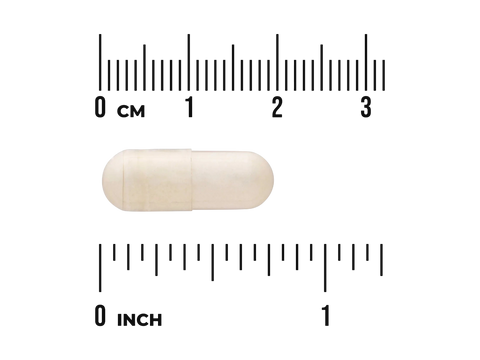 White capsule pill with a ruler for scale on a white background