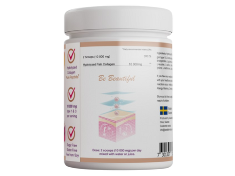Supplement facts & ingredients image: Swedish Nutra collagen powder supplement facts ingredients 300g