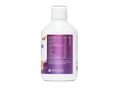 Bottle of a dietary supplement with a purple label on a white background